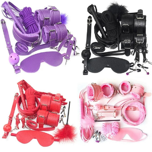 10 Pcs/set Leather Sex Toy BDSM Kits Plush Bondage Handcuffs Sex Games Whip Gag Nipple Clamp Sexy for Couples Exotic Accessories